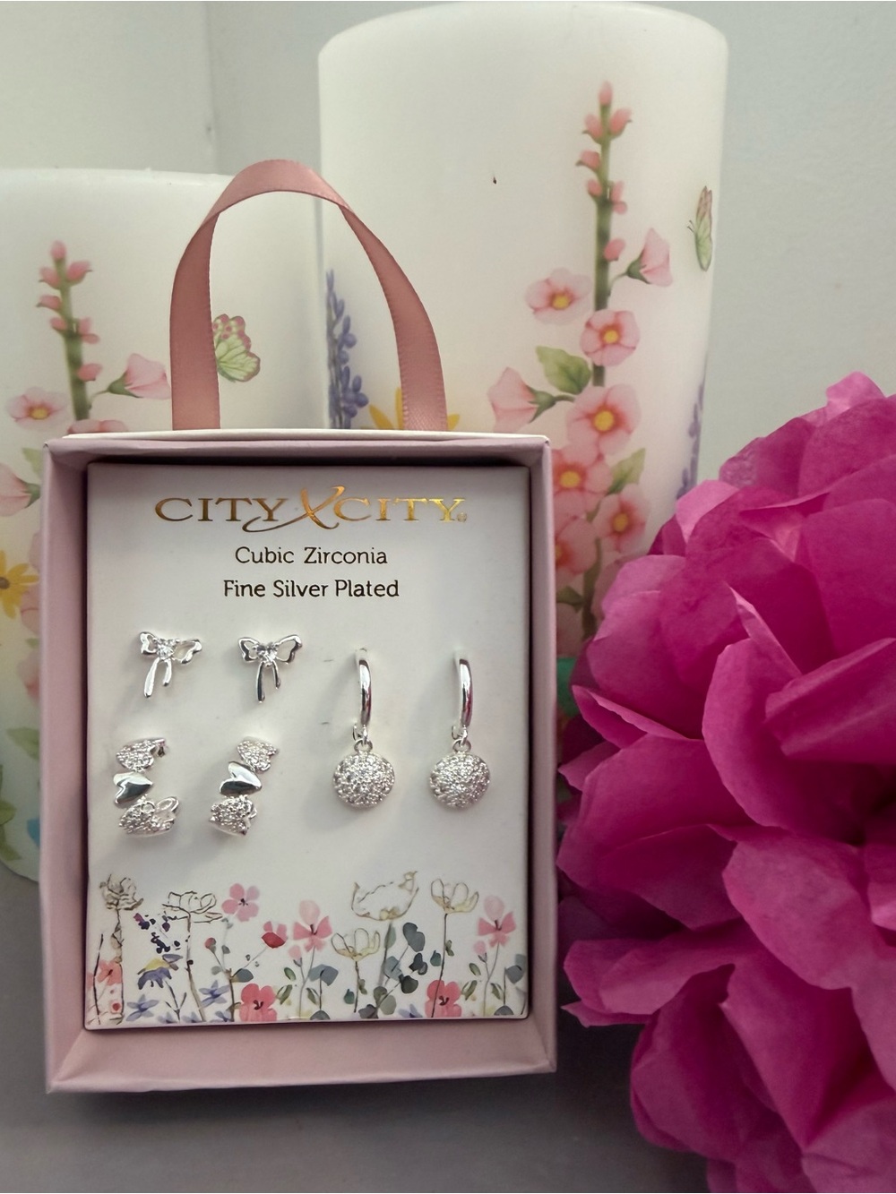 Pink Silver-Plated Cubic Zirconia Earring Set